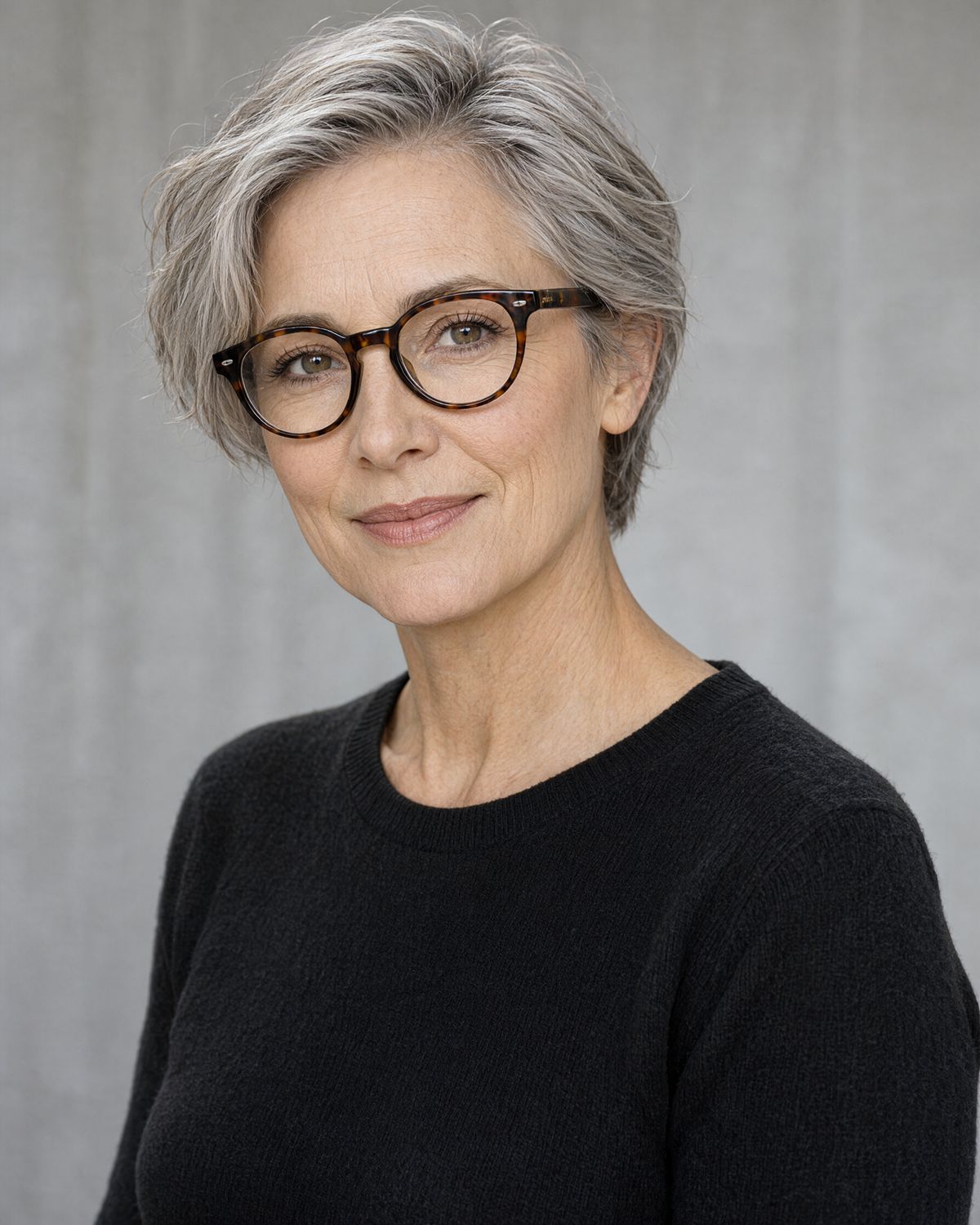 A woman with short silver hair and tortoiseshell glasses in a black sweater, photographed head and shoulders against a light gray backdrop