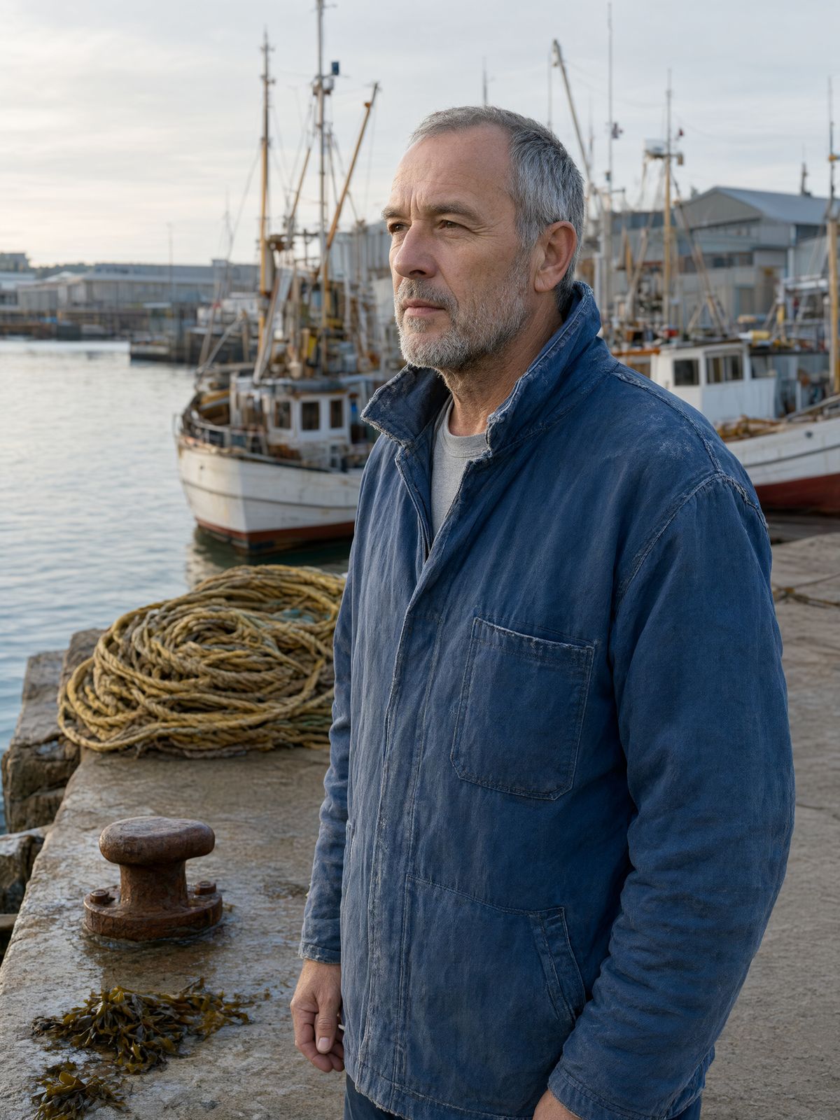 The dock worker standing further from camera on a concrete quay beside a bollard and a coil of yellow rope