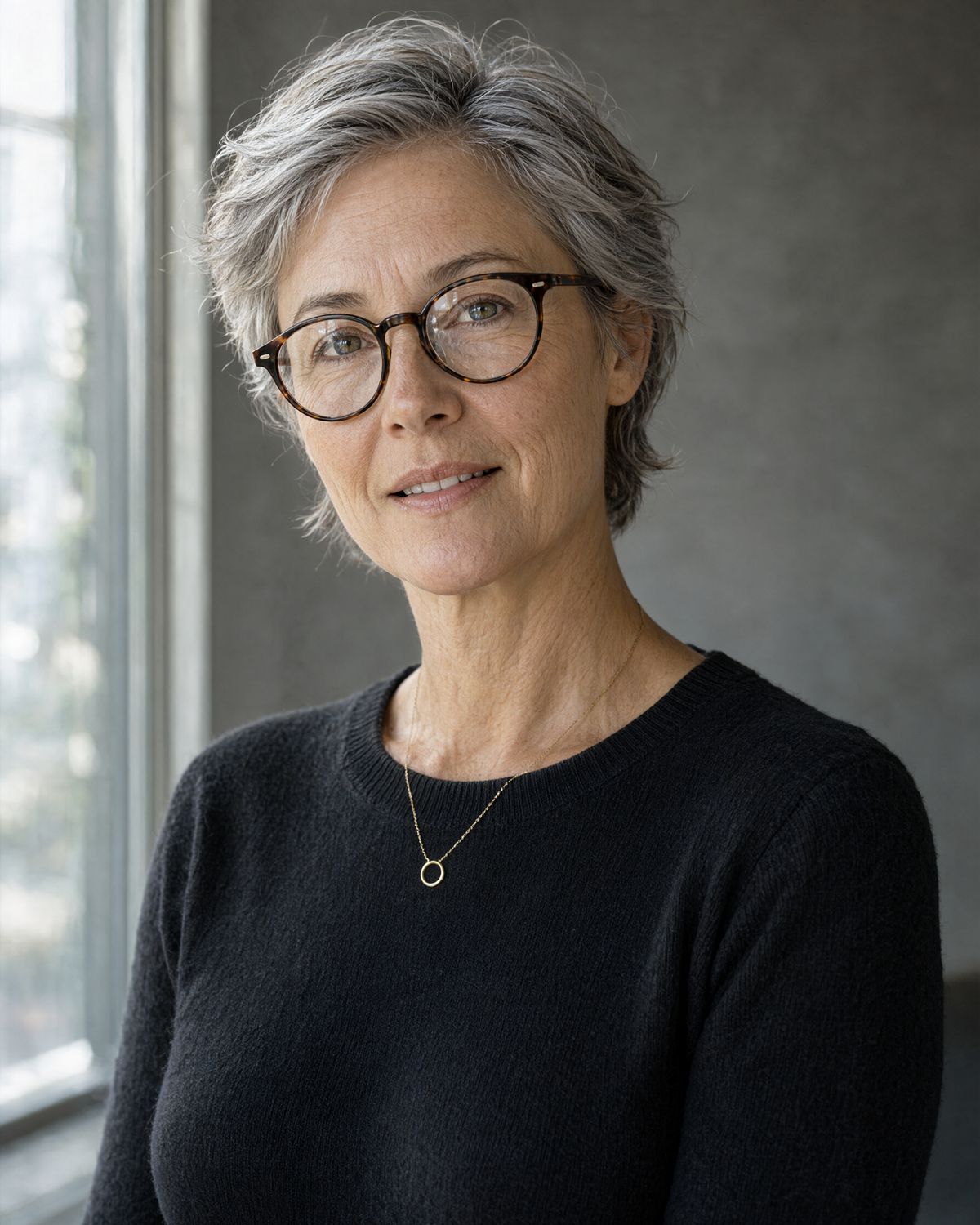 A different silver-haired woman in tortoiseshell glasses and a black sweater, wearing a gold pendant and standing beside a window
