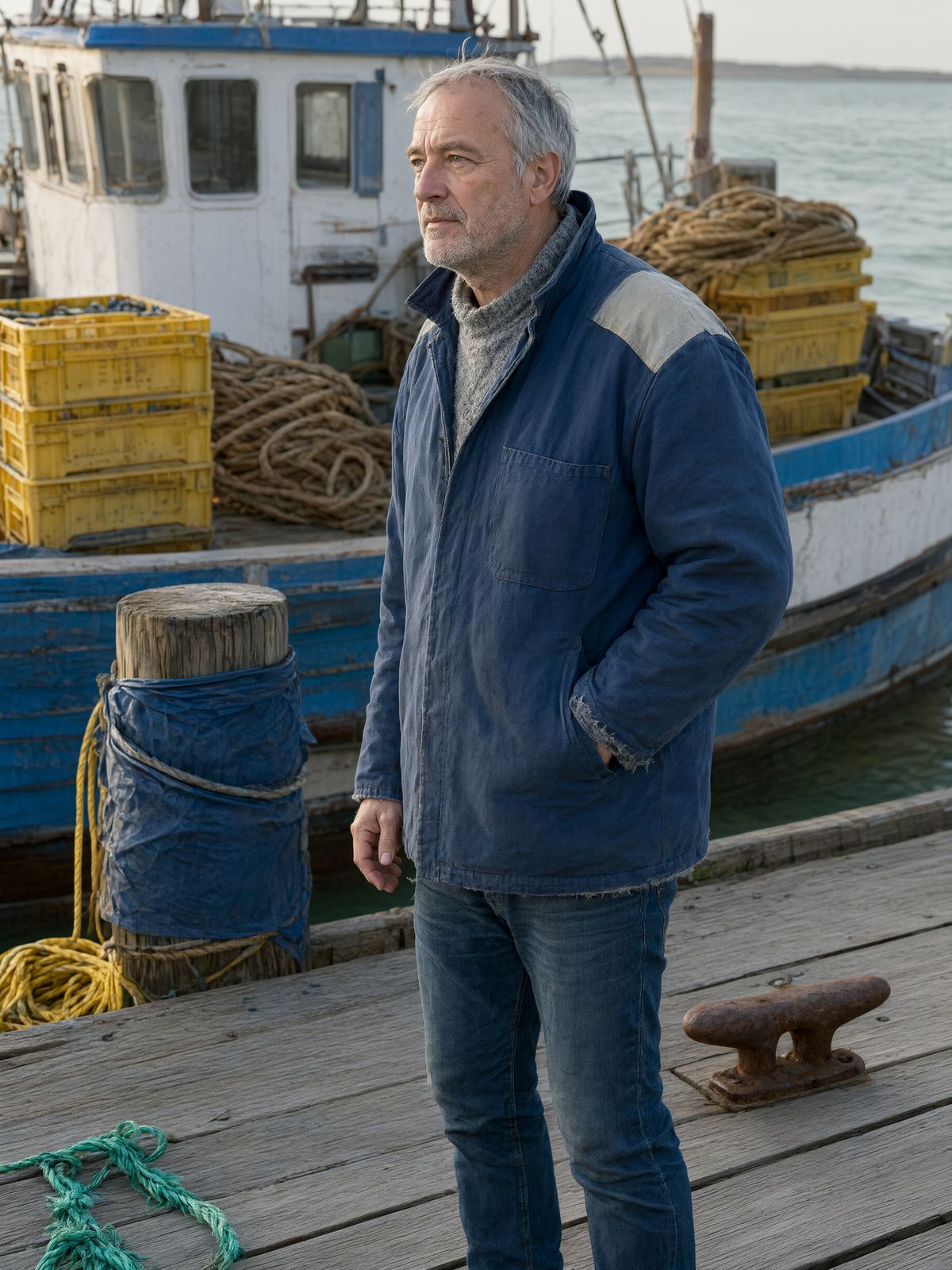 The dock worker shown full length on a timber dock beside stacked yellow crates and a blue fishing boat