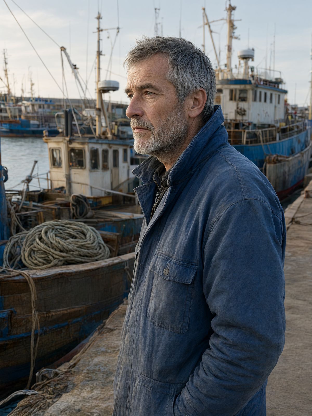 A grey-bearded dock worker in a navy jacket in profile, moored fishing boats and coiled rope behind him