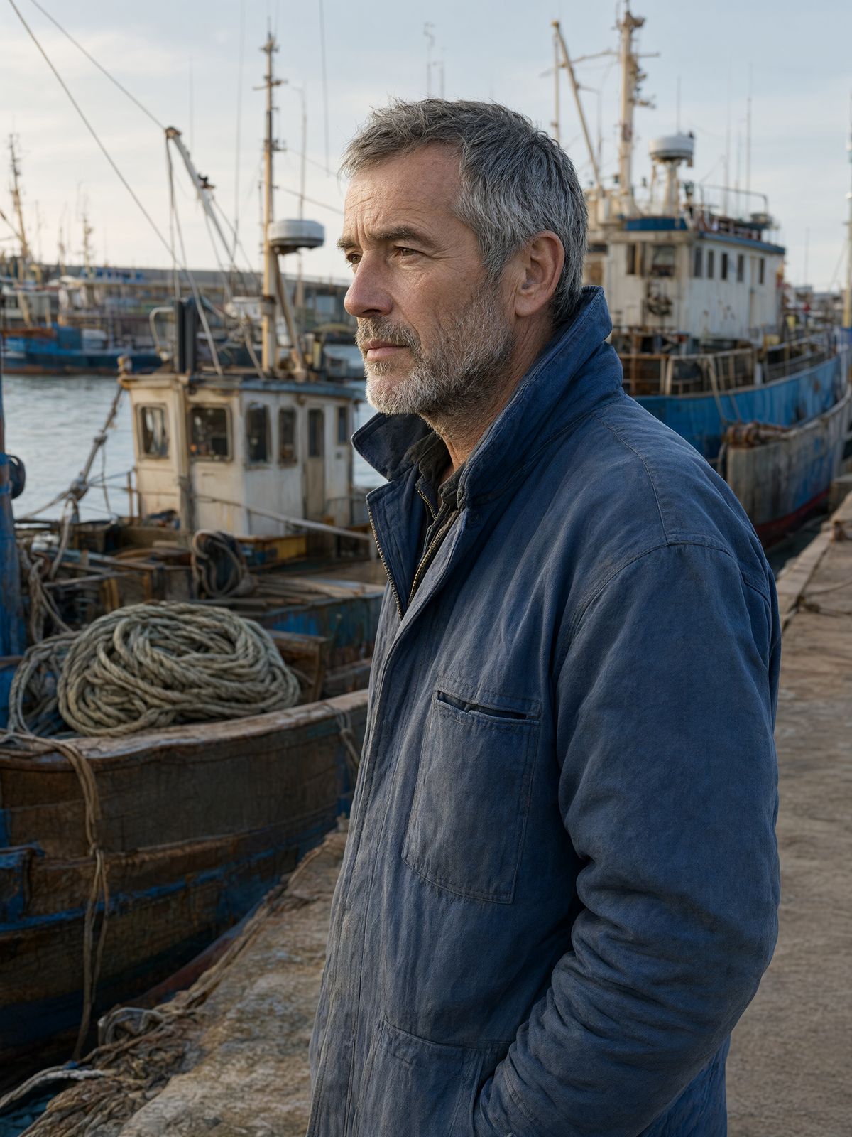 The same dock worker in the same pose and framing against the same boats