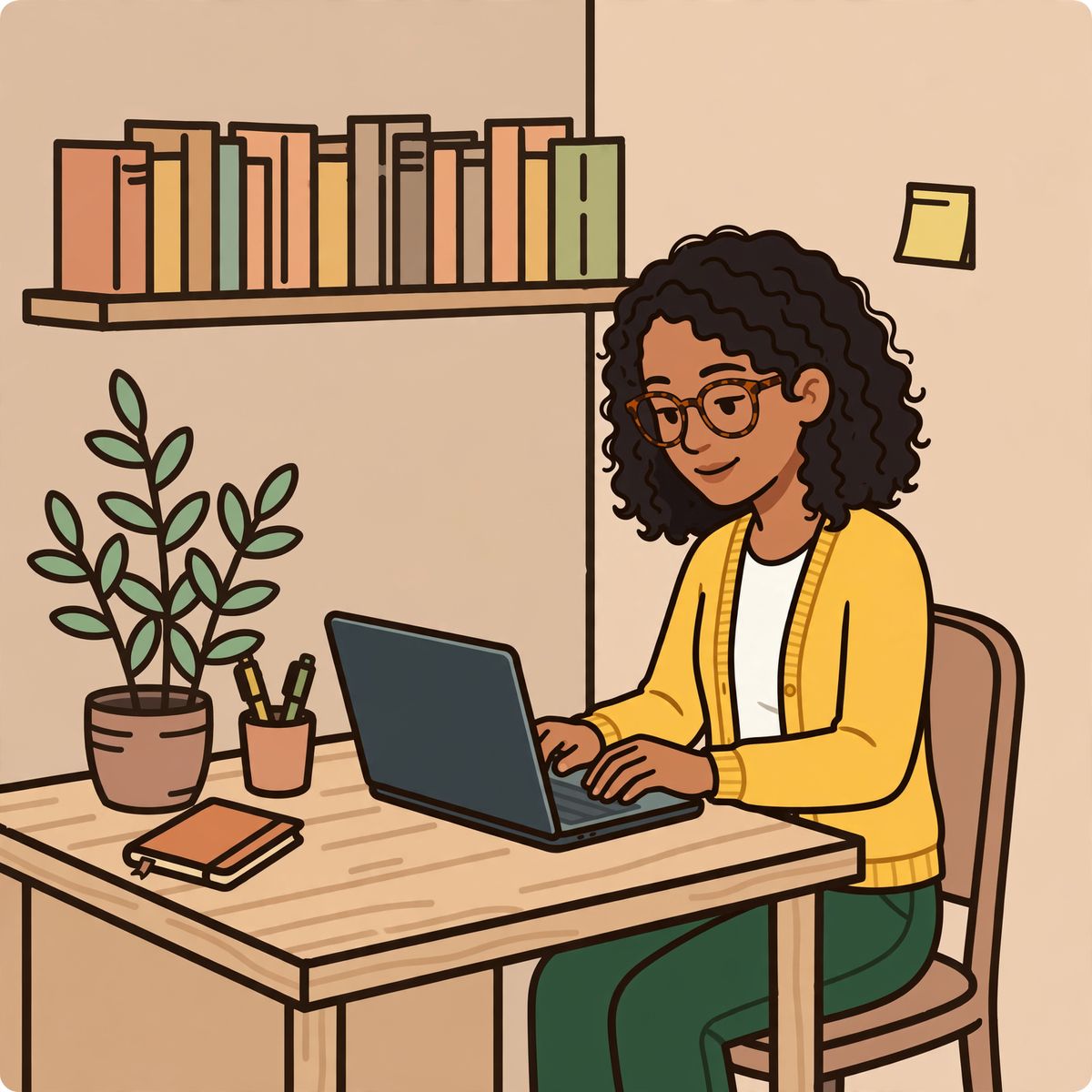 A flat vector illustration of the same woman sitting at a light wood desk typing on a laptop, a shelf of books above and a tall plant beside her