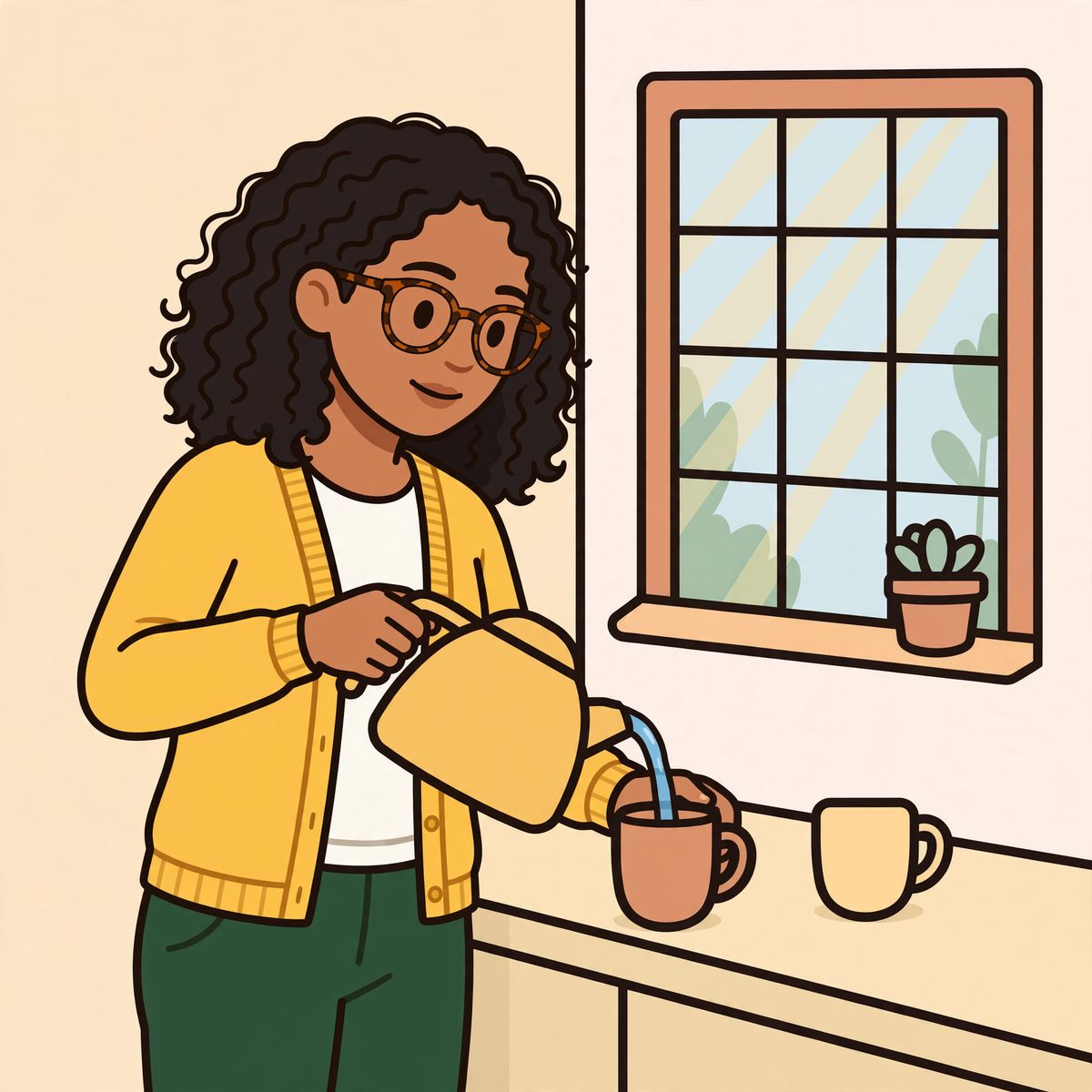 A flat vector illustration of the woman in the mustard cardigan pouring water from a kettle into a mug in a pale wood kitchen