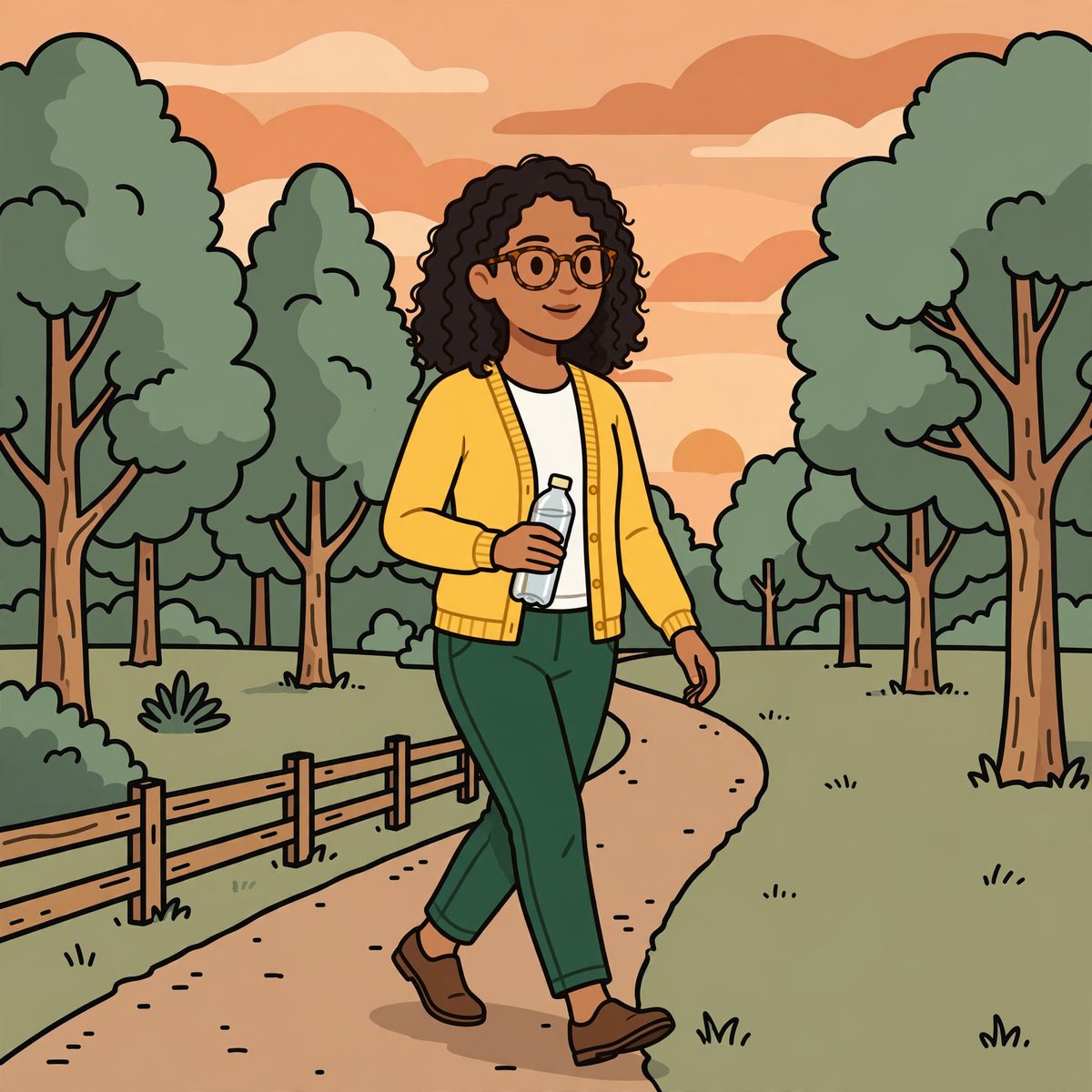 A flat vector illustration of the same woman walking along a park path holding a water bottle, a wooden bench and trees behind her under a sunset sky