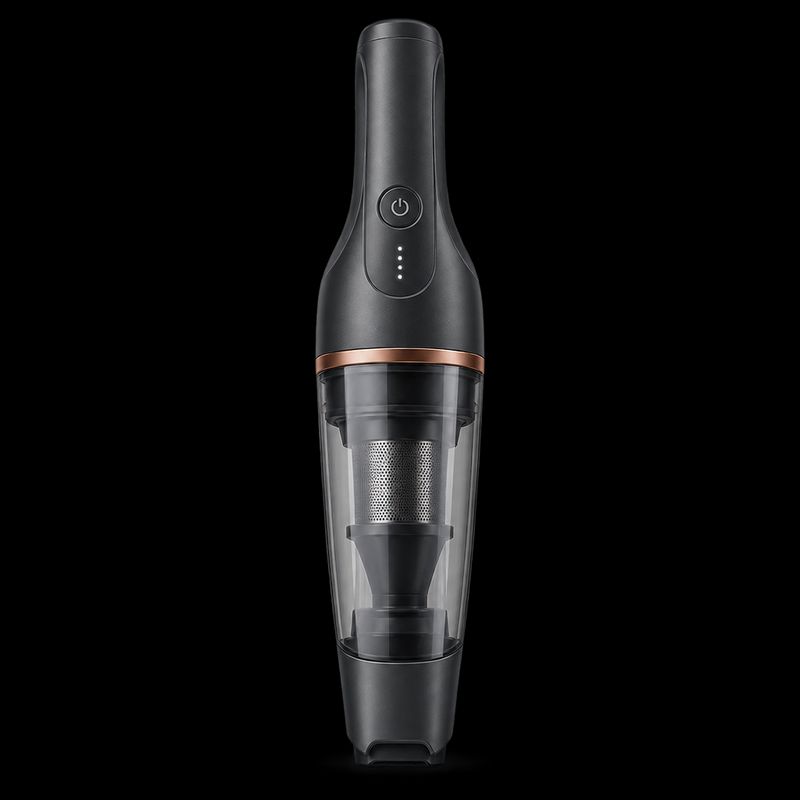 The same charcoal handheld vacuum standing upright with a soft grey contact shadow pooled directly beneath it and no background