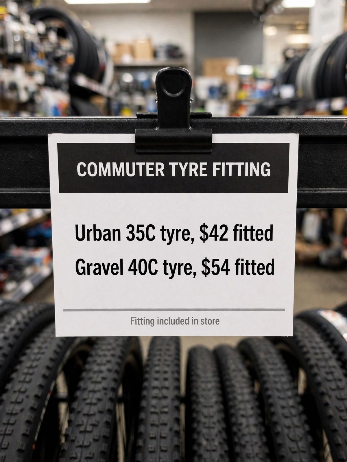 A white shelf talker card clipped to a shelf rail, with a black header band reading COMMUTER TYRE FITTING, two rows below reading Urban 35C tyre $42 fitted and Gravel 40C tyre $54 fitted, and a grey line reading Fitting included in store