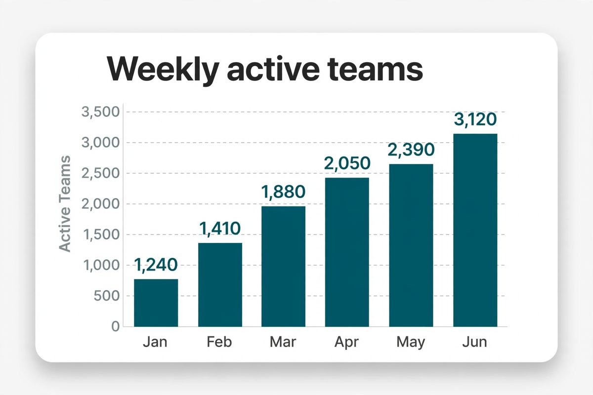 A white card holding a teal bar chart titled Weekly active teams with six labelled bars, drawn with even step heights that do not track the printed values above them