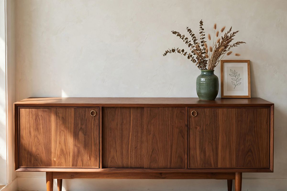 The same sideboard with the mail and the charger gone from the left end, the green ceramic vase and the framed print still in place at the right end