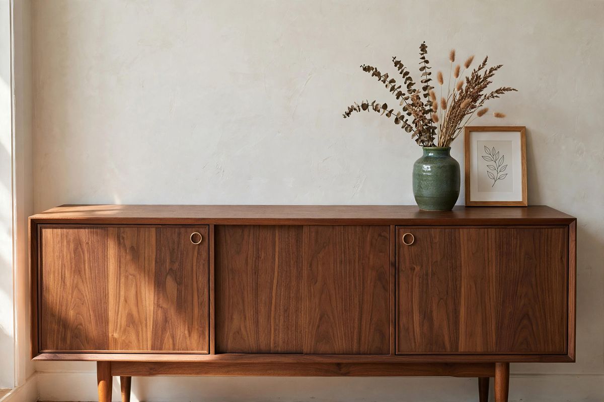 The same sideboard with the mail and charger gone and the vase, dried stems, and framed print also removed, leaving an empty top surface