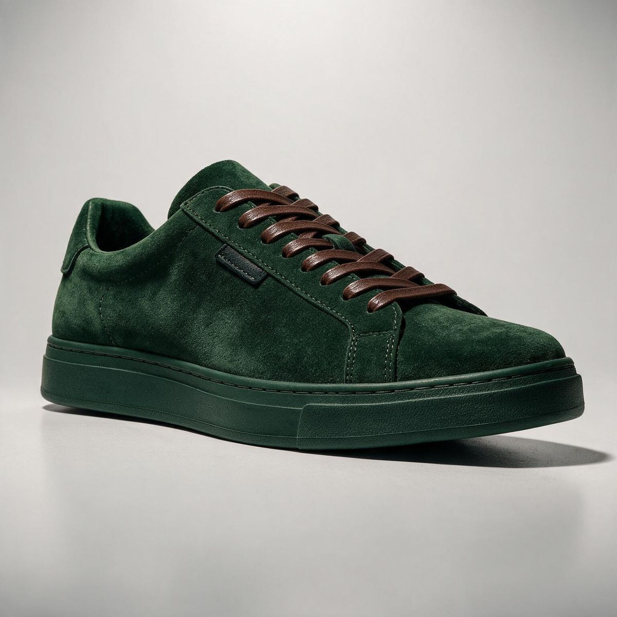 The same sneaker in a forest-green suede colourway with dark walnut brown laces on the same pale grey backdrop