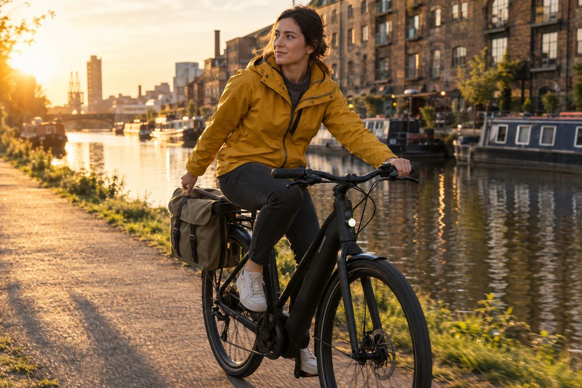A landscape framing of a woman in a mustard rain jacket riding a matte black e-bike along a canal towpath at golden hour with warehouse buildings behind her