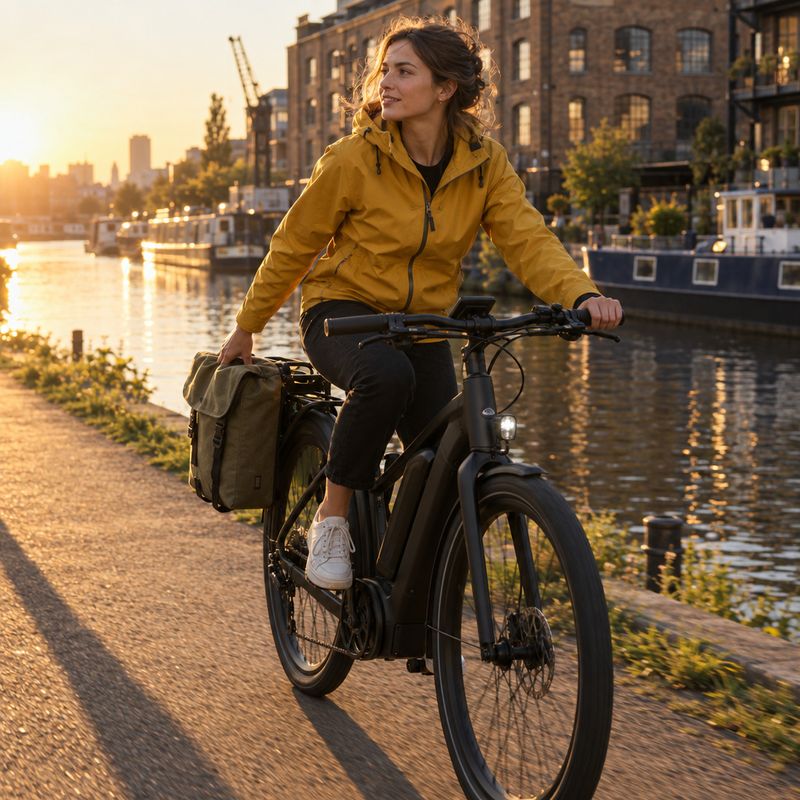 A square framing of a woman in a mustard rain jacket riding a matte black e-bike, the canal and warehouse buildings cropped close behind her
