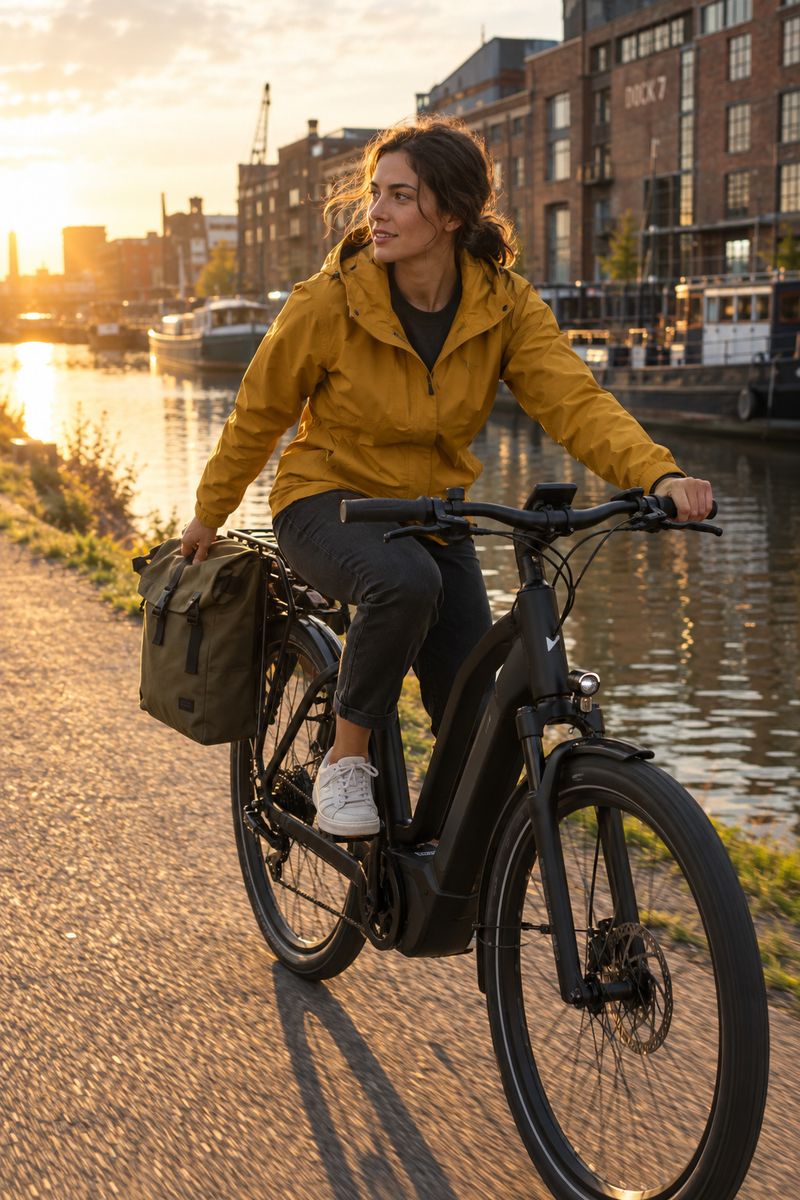 A tall framing of a woman in a mustard rain jacket riding a matte black e-bike, the towpath running down through the foreground and the sky above her