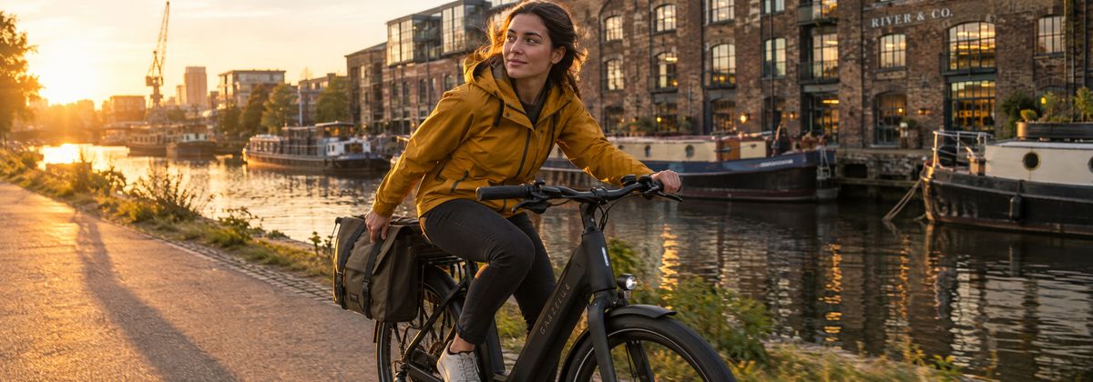 A wide banner framing of a woman in a mustard rain jacket riding a matte black e-bike along a canal towpath at golden hour, with warehouse buildings and moored boats stretching along the water behind her