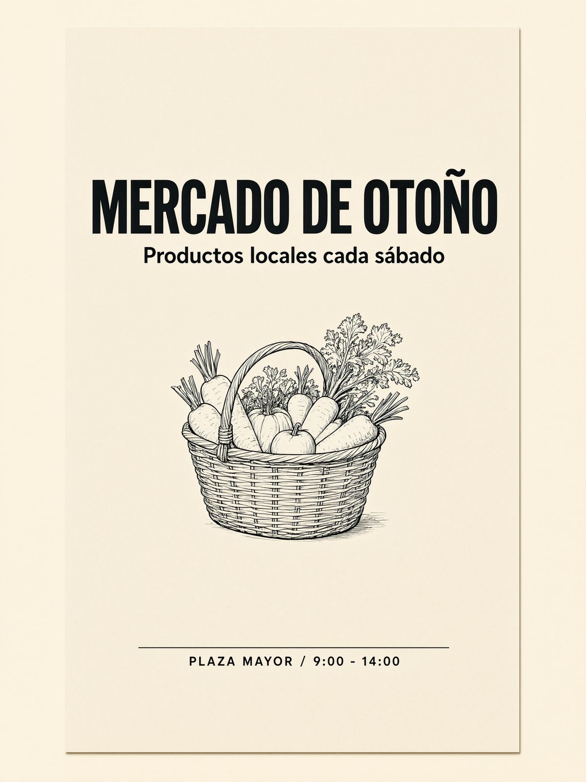 A recycled paper market poster reading MERCADO DE OTOÑO above Productos locales cada sábado, a line illustration of a vegetable basket, and a location line