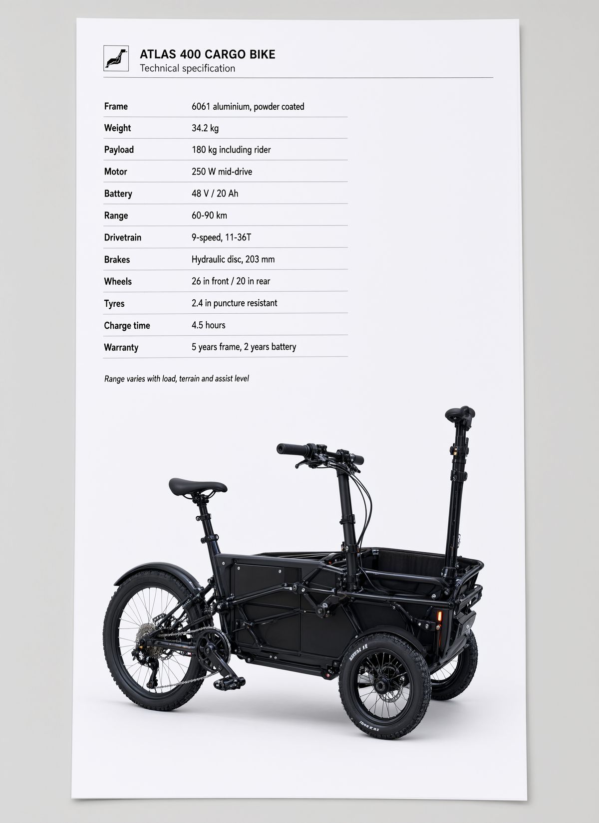 A printed cargo bike specification sheet with a two-column table of twelve label and value rows and an italic footnote