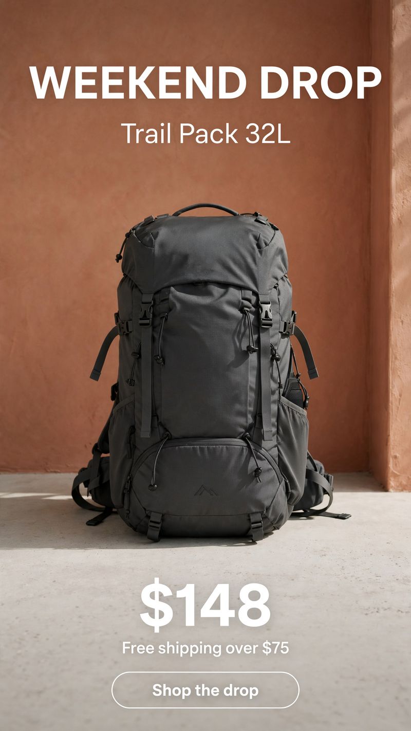 A vertical social ad showing a charcoal hiking backpack against a terracotta wall, WEEKEND DROP in heavy white capitals at the top with Trail Pack 32L beneath it, $148 in large white type near the bottom above Free shipping over $75, and an outlined pill reading Shop the drop at the foot of the frame