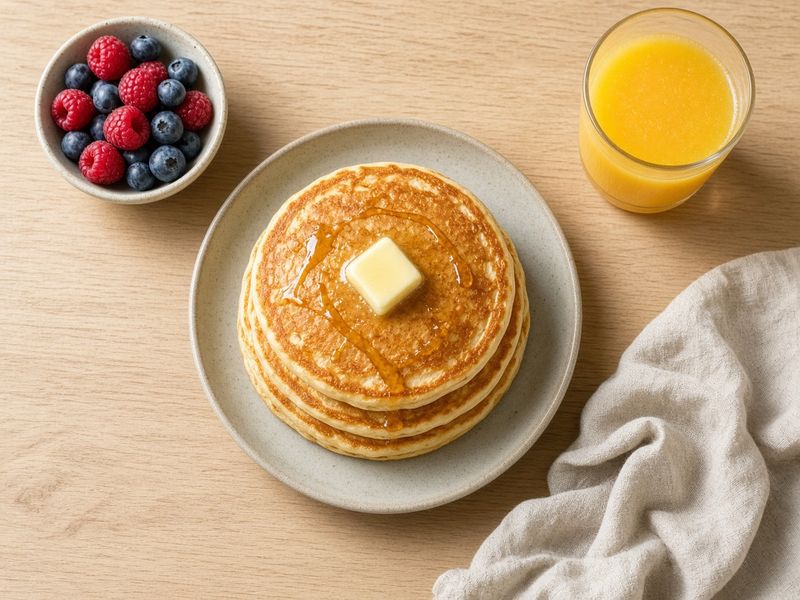 An overhead editorial flat-lay of a short stack of pancakes with butter and maple syrup, a bowl of berries, orange juice, and a linen napkin on a pale oak table in soft window light