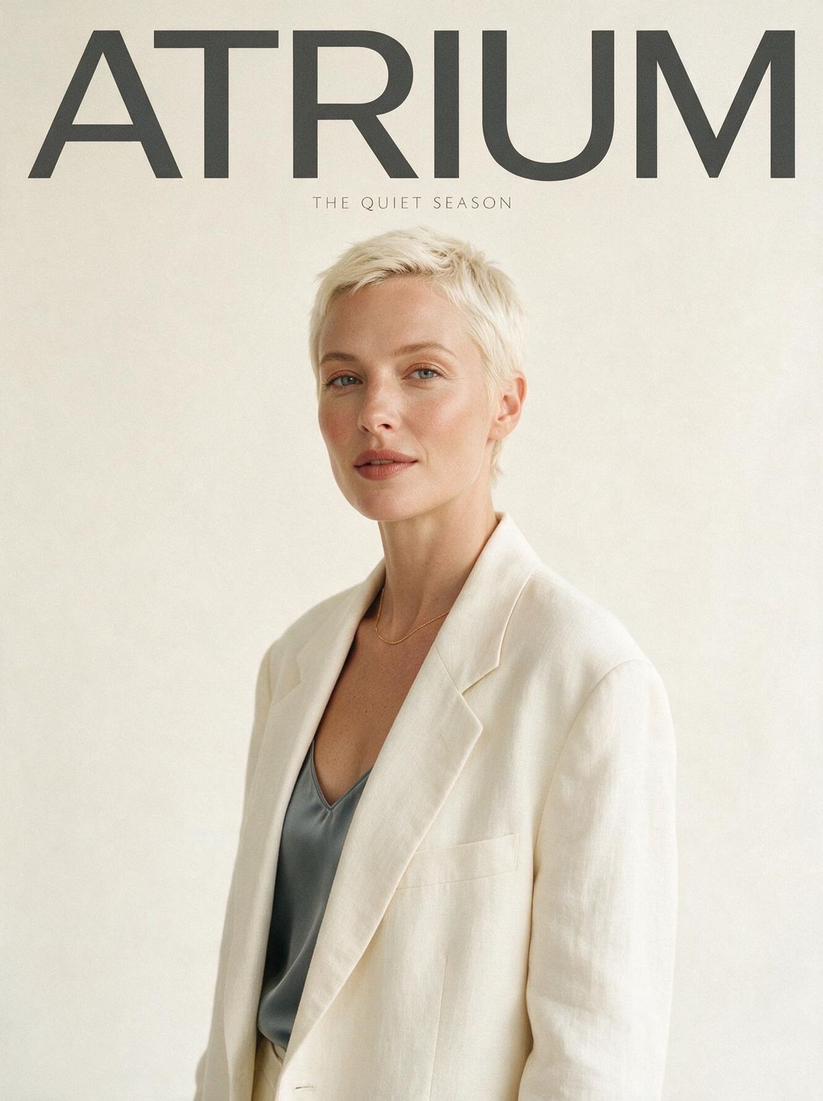 A fashion editorial magazine cover with masthead ATRIUM, cover line THE QUIET SEASON, showing a platinum-blonde model in an ivory linen blazer against a cream studio backdrop