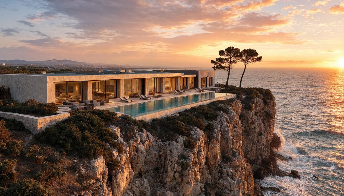 An aerial three-quarter view of a modern single-storey coastal home with a pale limestone facade and glowing interior lights, perched on a sea cliff above the Atlantic at sunset, with an infinity pool along the ocean-facing side