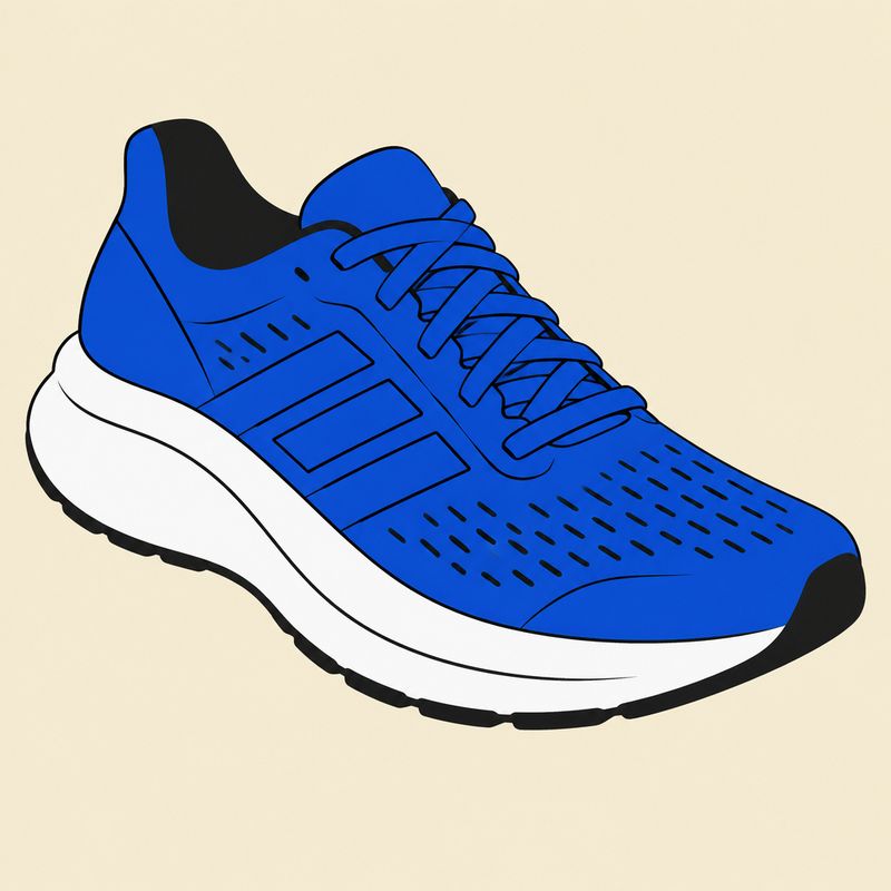 A flat vector illustration of a cobalt blue running shoe in three-quarter view with bold outlines and four flat colours on a pale sand background