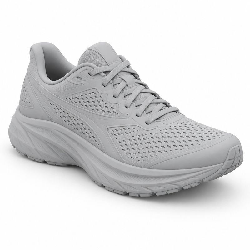 An untextured light grey clay render of a running shoe in three-quarter view with soft studio lighting on a plain white background