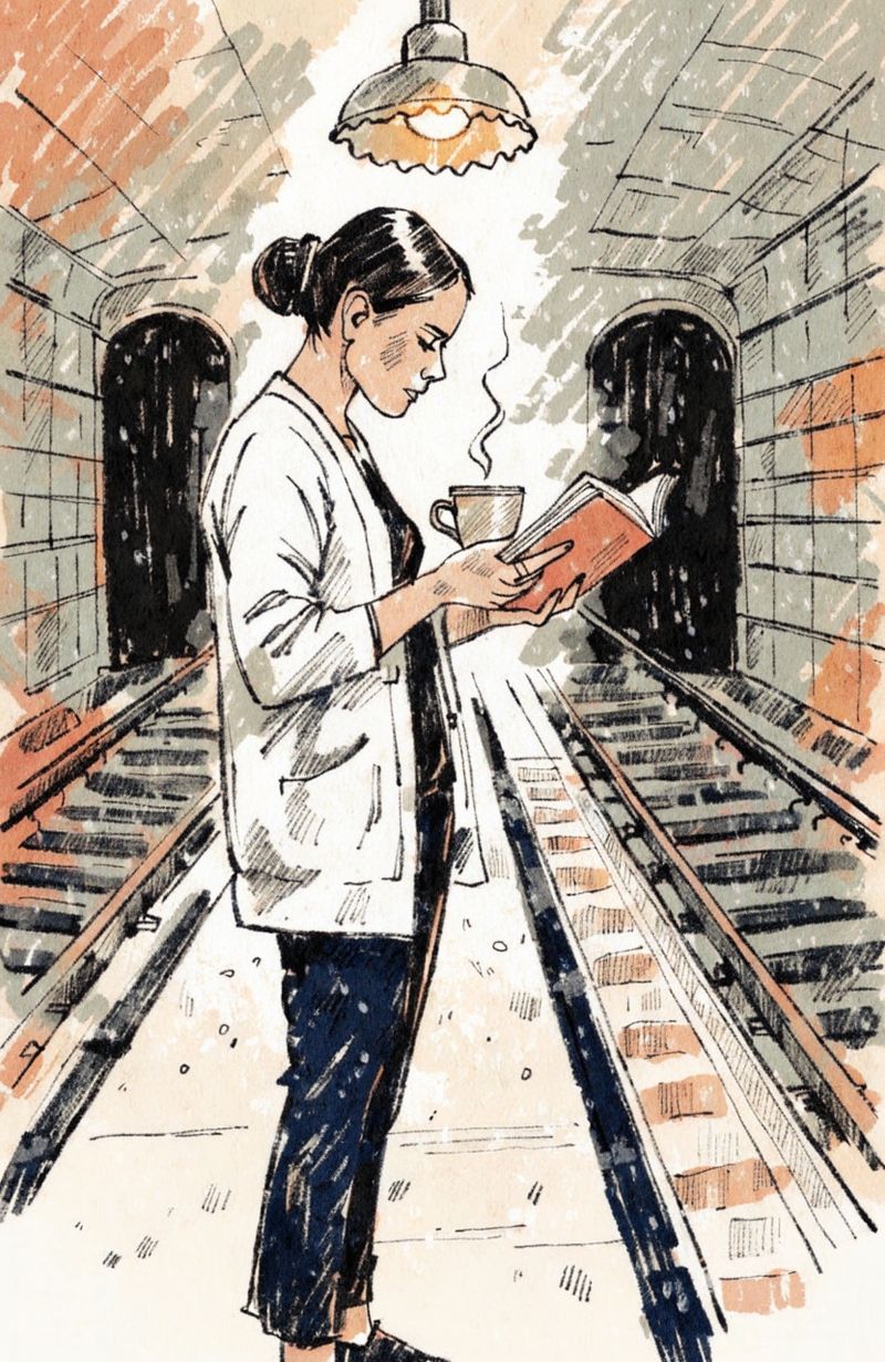 Editorial magazine illustration of a woman on a subway platform late at night, holding a warm coffee cup in both hands, reading a book, empty tiled tunnels stretched behind her, single overhead station light overhead