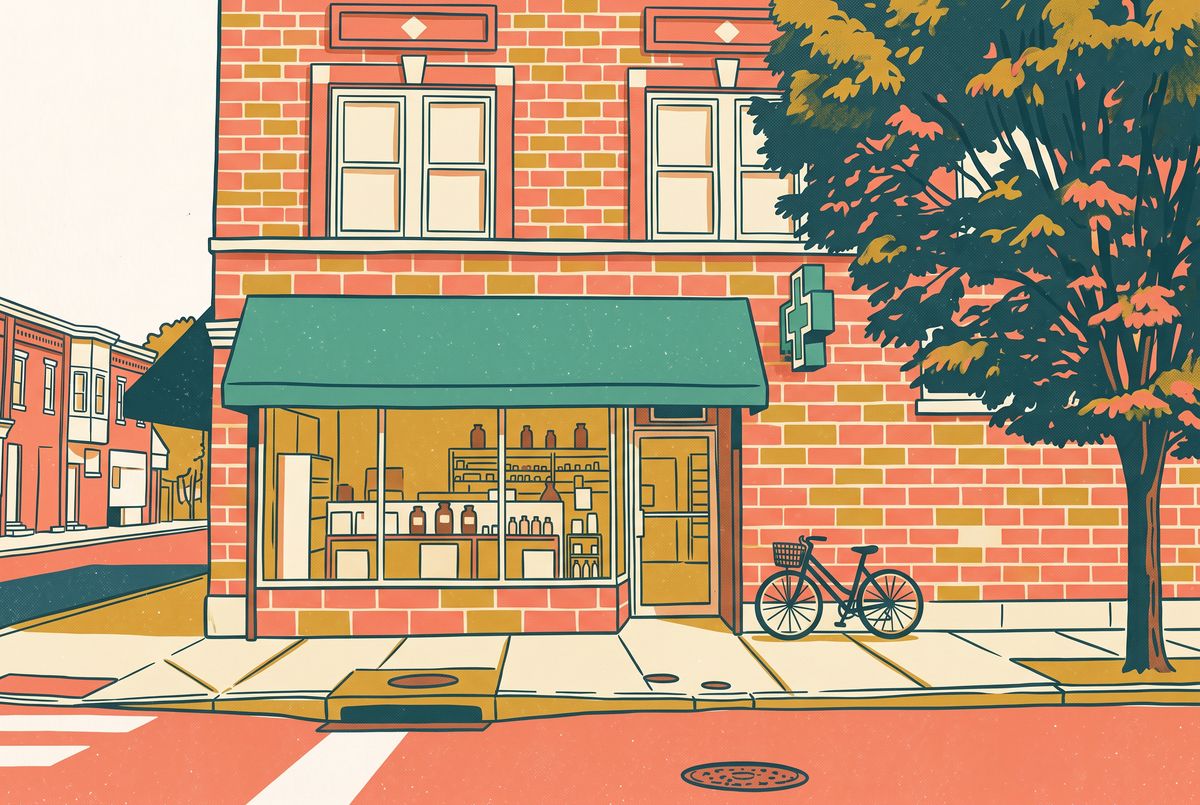 A flat illustration of a corner pharmacy with a green awning, a cross sign, a bicycle by the door, and a street tree, drawn with thick dark teal outlines in coral, cream, mustard, and teal with a risograph grain