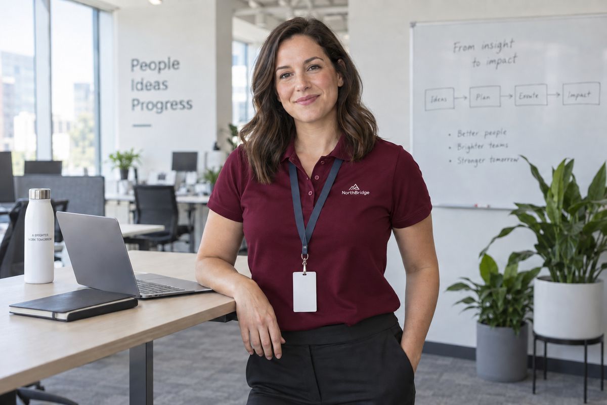 The same woman at the same desk with her polo in deep burgundy, her face, the whiteboard and the printed line on the water bottle all matching the source
