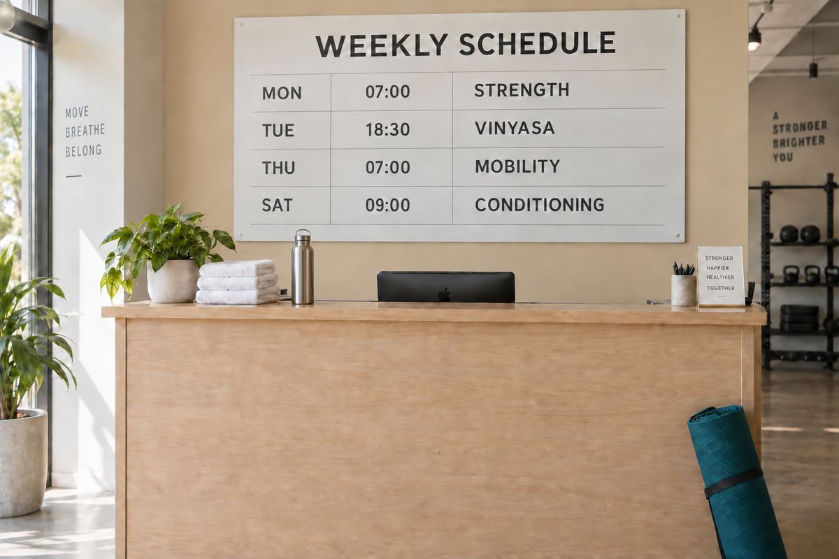 The studio reception after the same three chained edits on Sunburst, with a teal mat, a sand-coloured wall and a steel water bottle on the counter