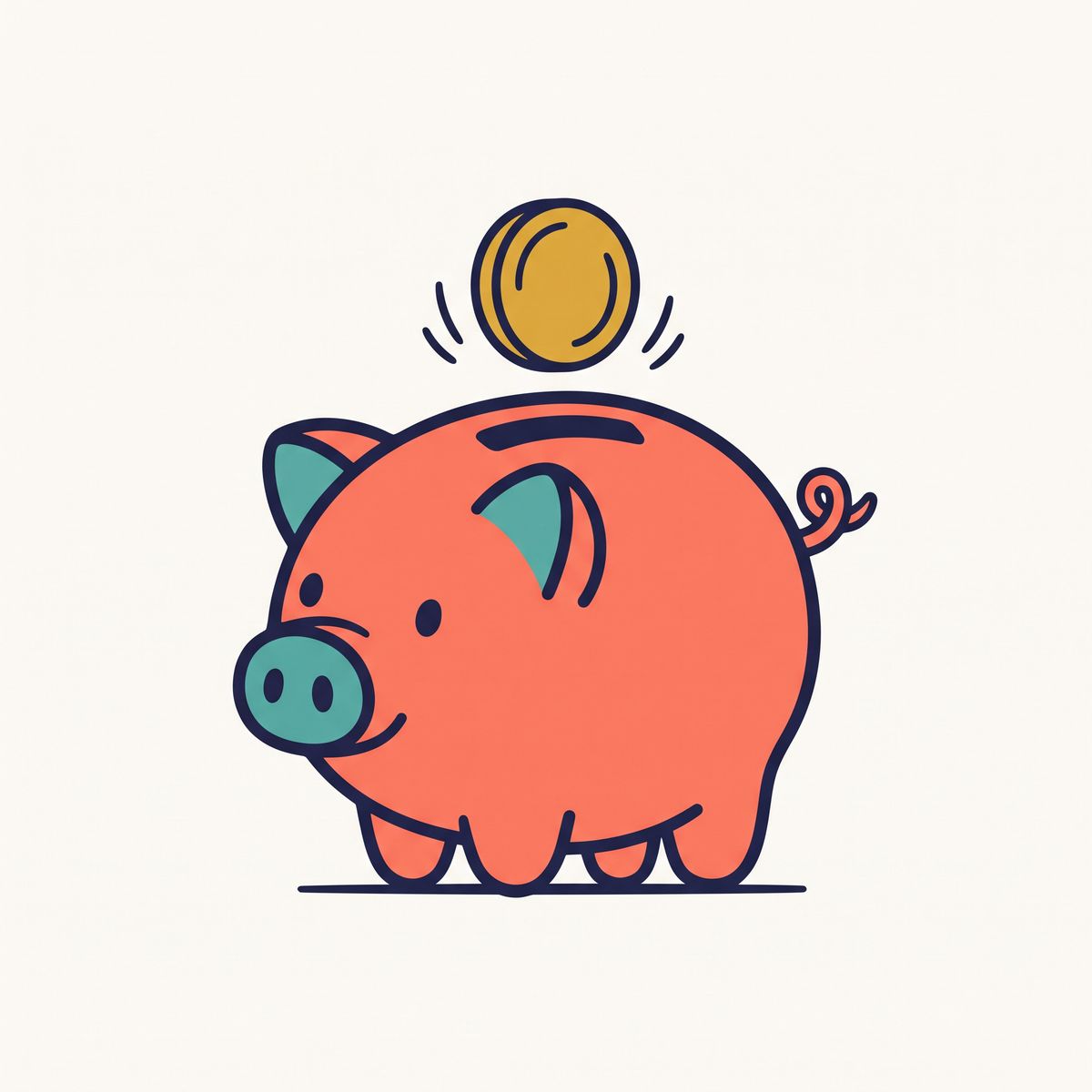 A flat vector illustration of a coral piggy bank with a mustard coin dropping into its slot, drawn with thick navy outlines on an off-white background