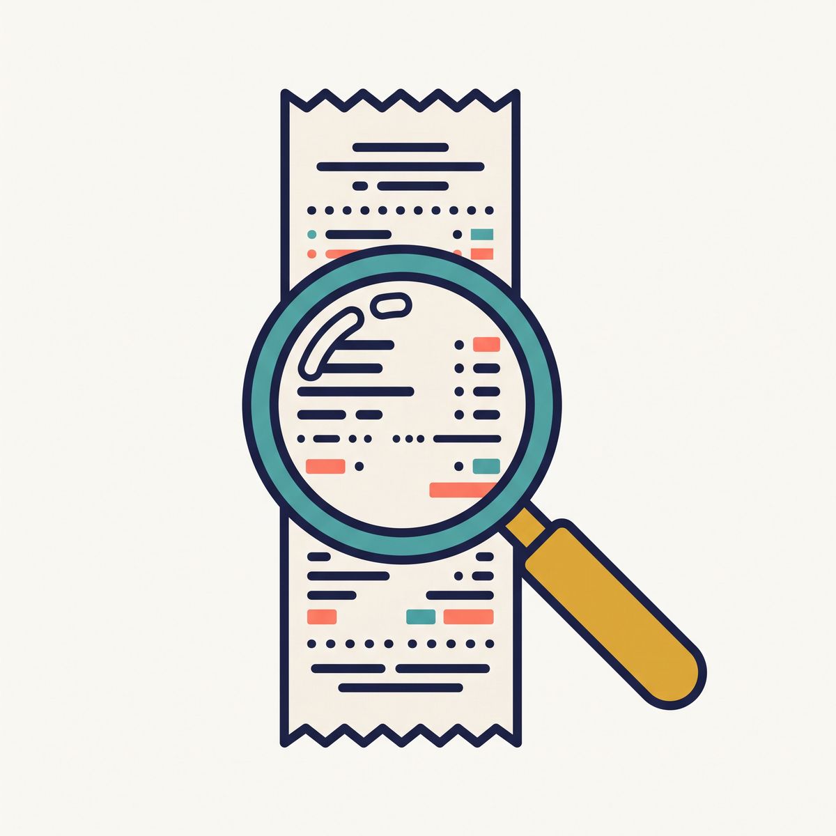 A flat vector illustration of a paper receipt under a teal magnifying glass, drawn with thick navy outlines on an off-white background