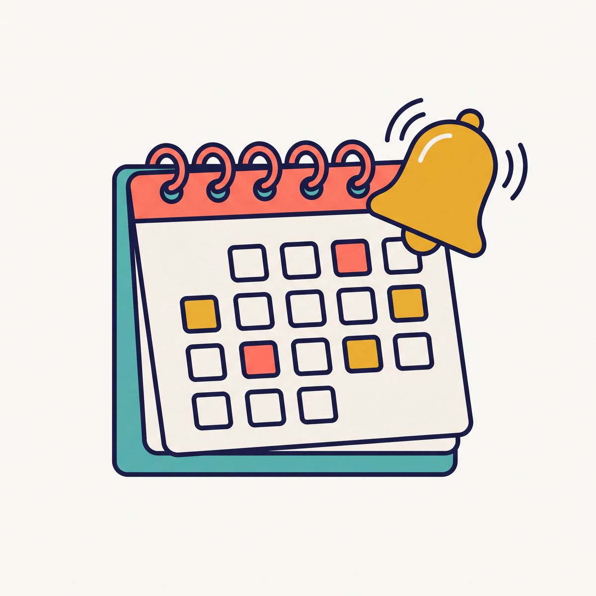 A flat vector illustration of a spiral calendar with a mustard bell ringing on its top right corner, drawn with thick navy outlines on an off-white background