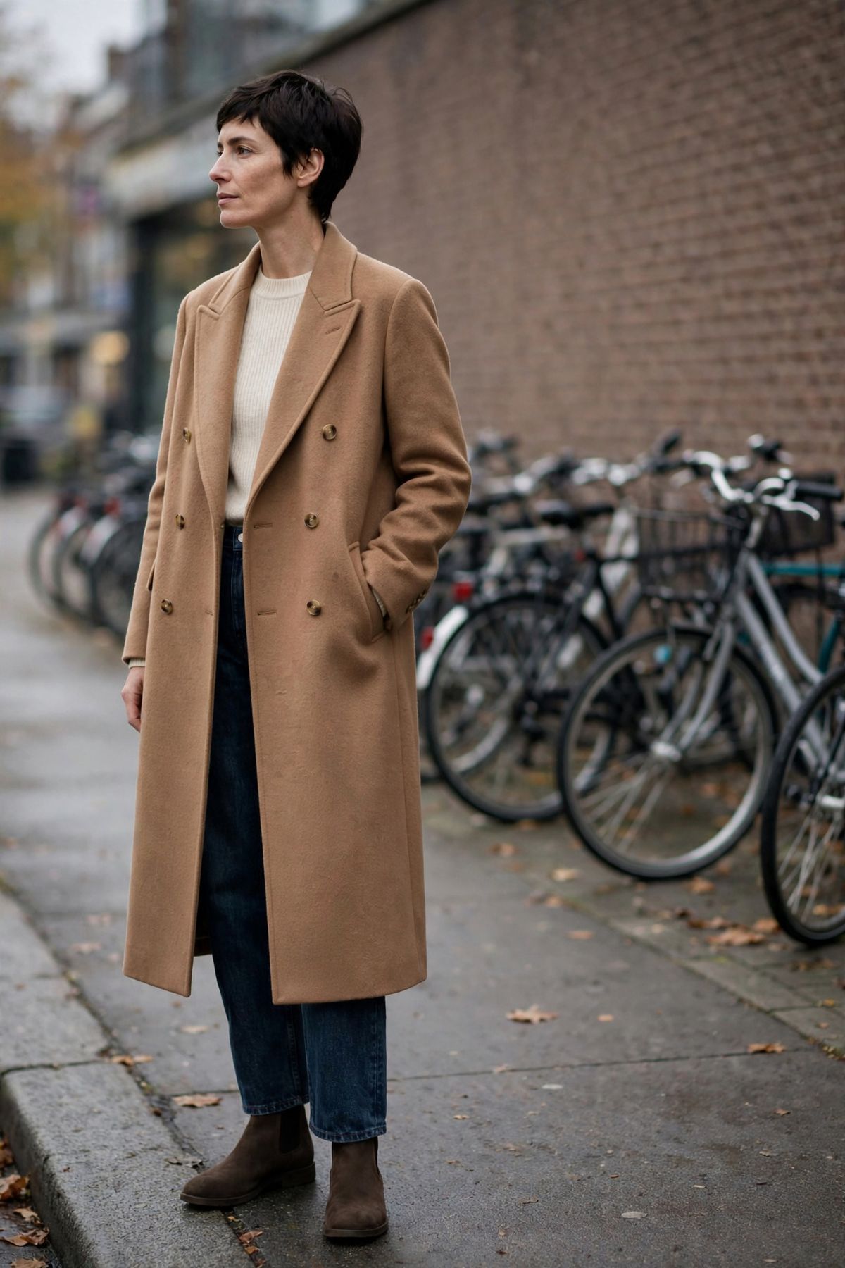 A woman in a camel double-breasted wool coat, cream rollneck and dark denim standing on a city sidewalk with one hand in her pocket, parked bicycles and a brick wall blurred behind her