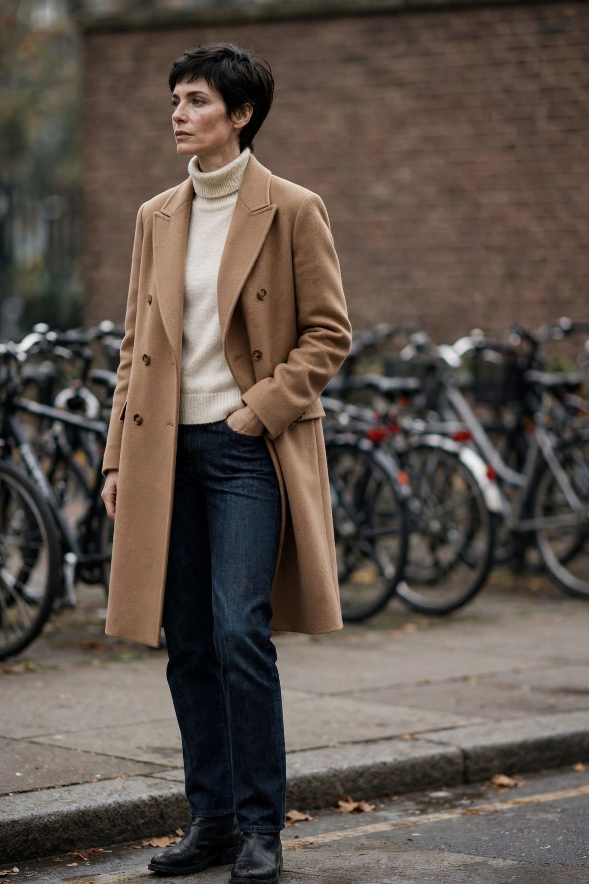 The same coat and rollneck on a woman standing at a different angle on the sidewalk, with the row of bicycles further back in the frame