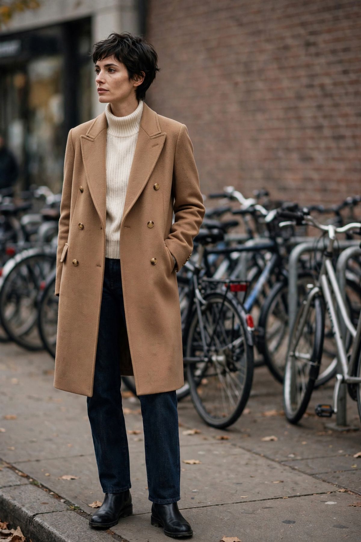 The same outfit on a woman standing closer to the brick wall, framed a little tighter with the bicycles cropped to one side