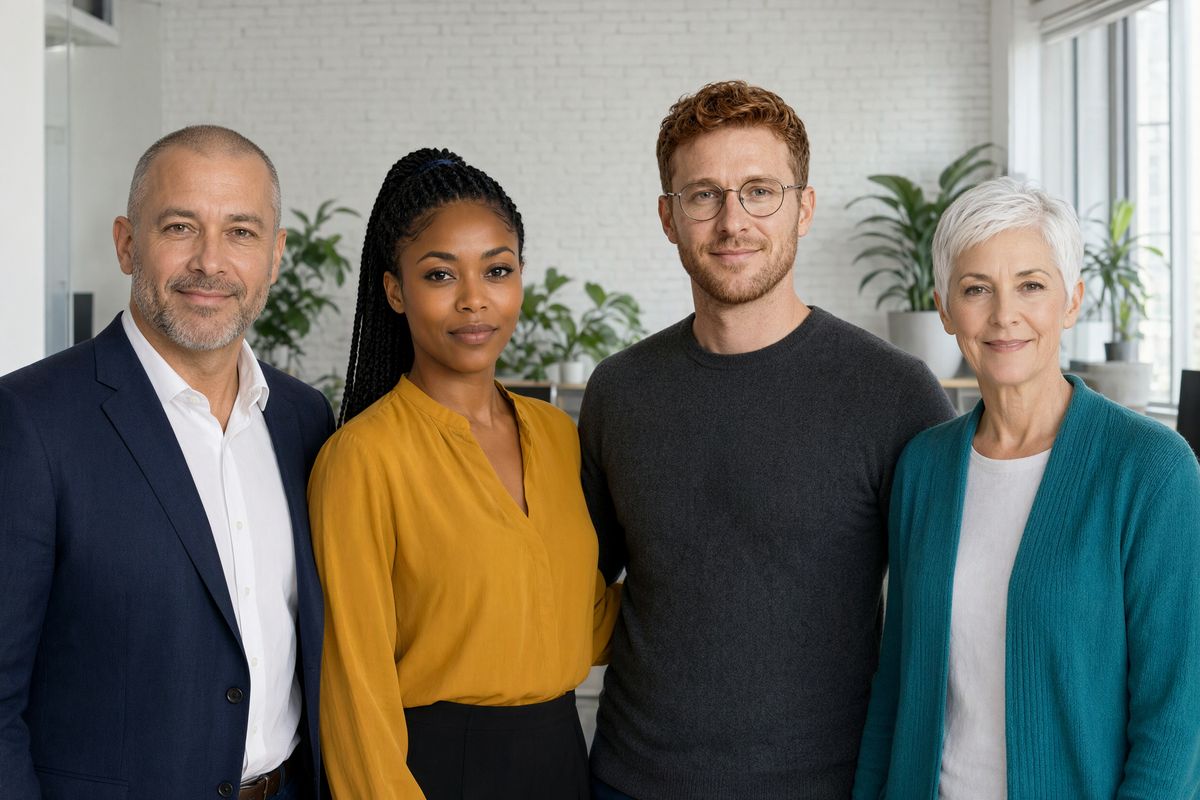 Four colleagues standing together in a bright office with a white brick wall and plants: a gray-bearded man in a navy blazer, a woman with braids in a mustard blouse, a red-haired man in glasses and a charcoal sweater, and a white-haired woman in a teal cardigan