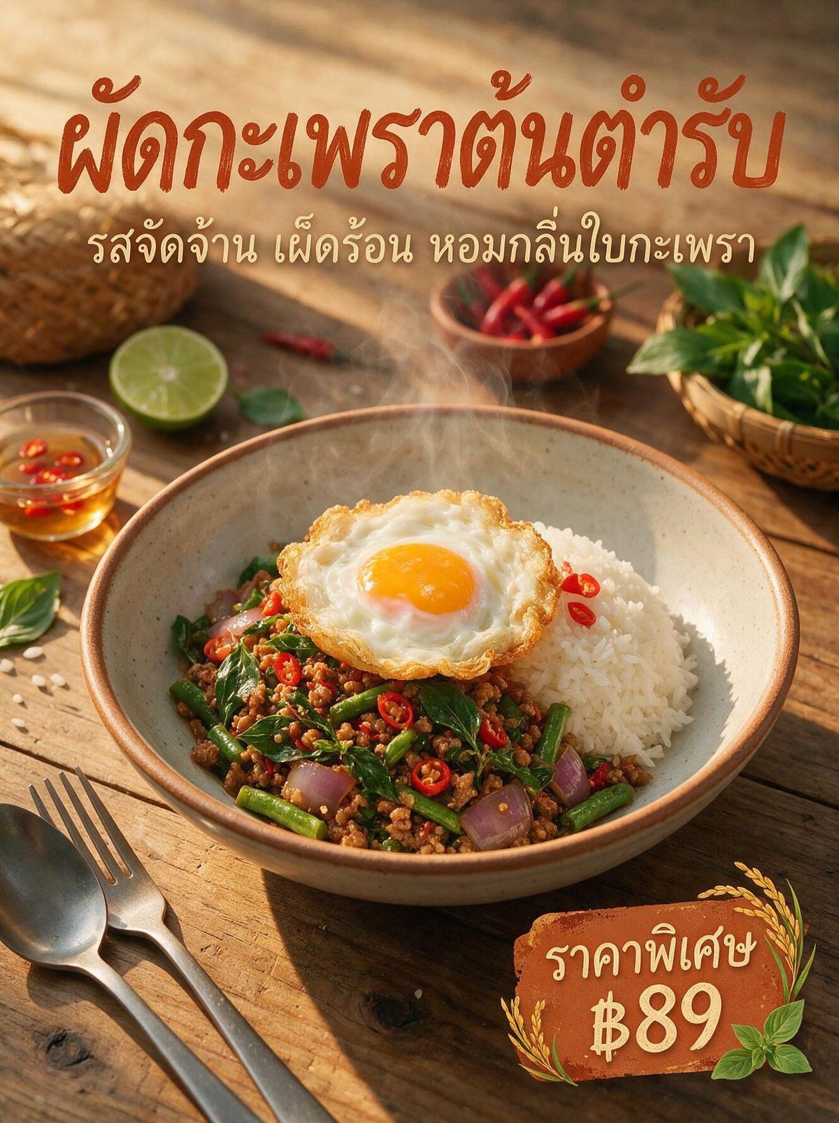 A Thai street food promotional poster with a steaming bowl of pad kra pao on a wooden table, the Thai dish name and description in warm hand-painted script