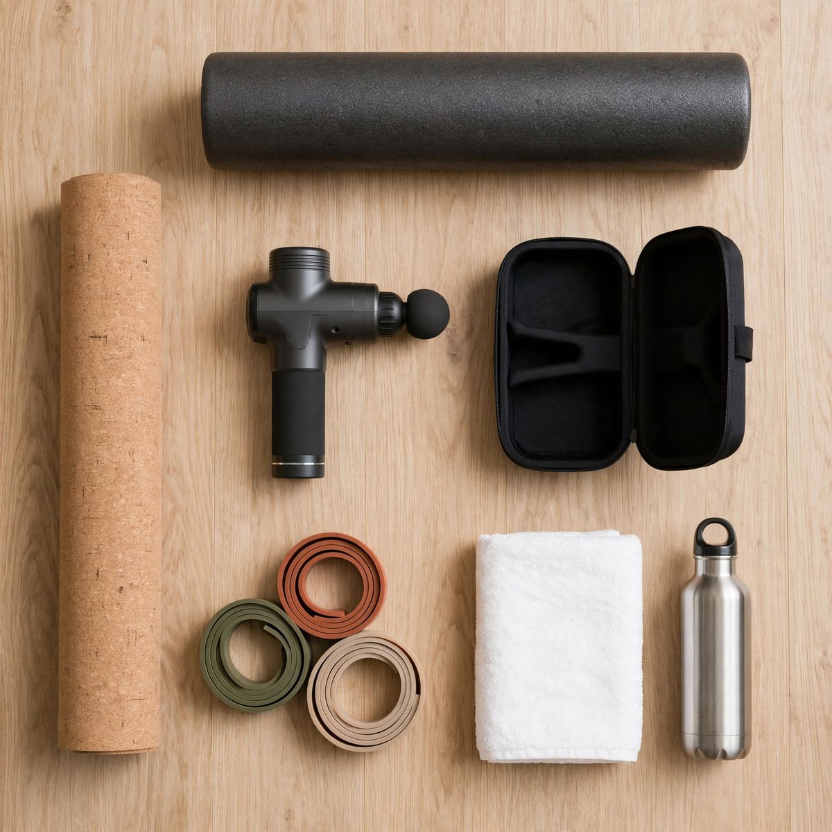 An overhead flat-lay on pale oak floorboards of a charcoal massage gun and its open case at the centre, a dark grey foam roller along the top, three coiled resistance bands in olive, rust and sand at the lower left, a folded white towel and steel water bottle at the lower right, and a rolled cork yoga mat down the left edge