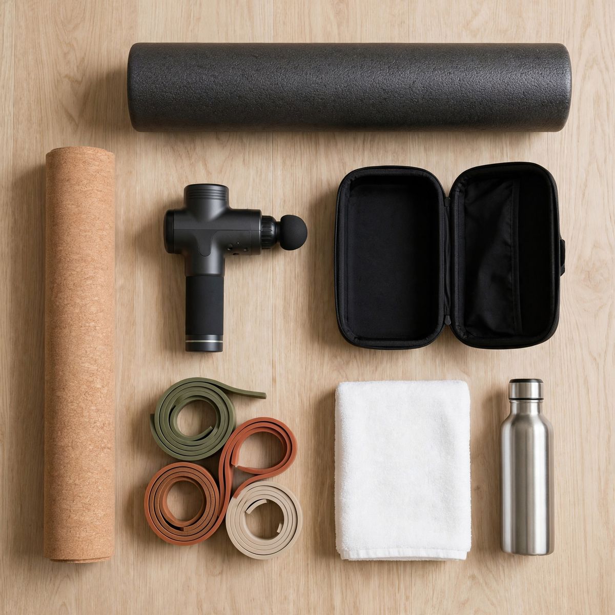 An overhead flat-lay on pale oak floorboards of a charcoal massage gun, a foam roller, coiled resistance bands, a folded white towel, a steel water bottle and a rolled cork yoga mat, arranged more loosely with uneven spacing