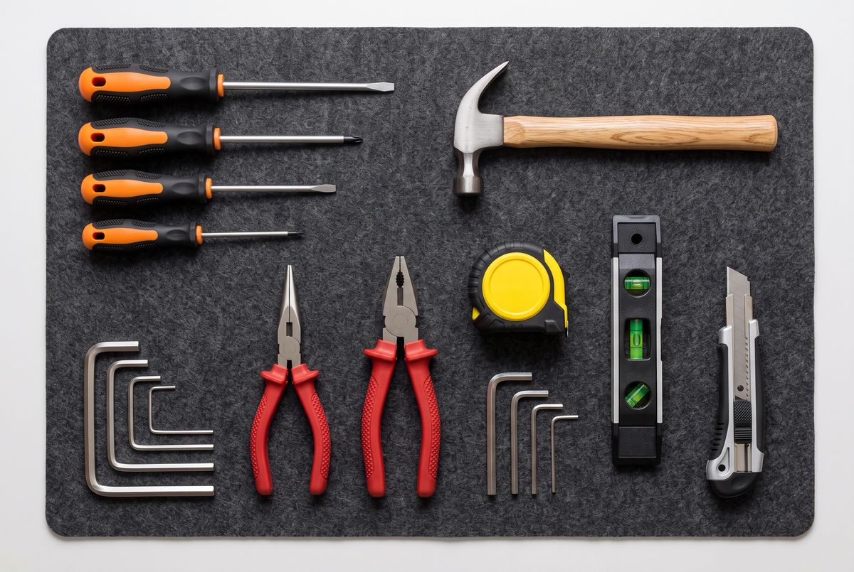 An overhead flat-lay of a home tool kit on a dark gray felt mat: four screwdrivers with orange handles stacked at the top left, a claw hammer, two pliers with red grips, a yellow tape measure, an upright torpedo level, a utility knife, and eight hex keys in two separate groups of four