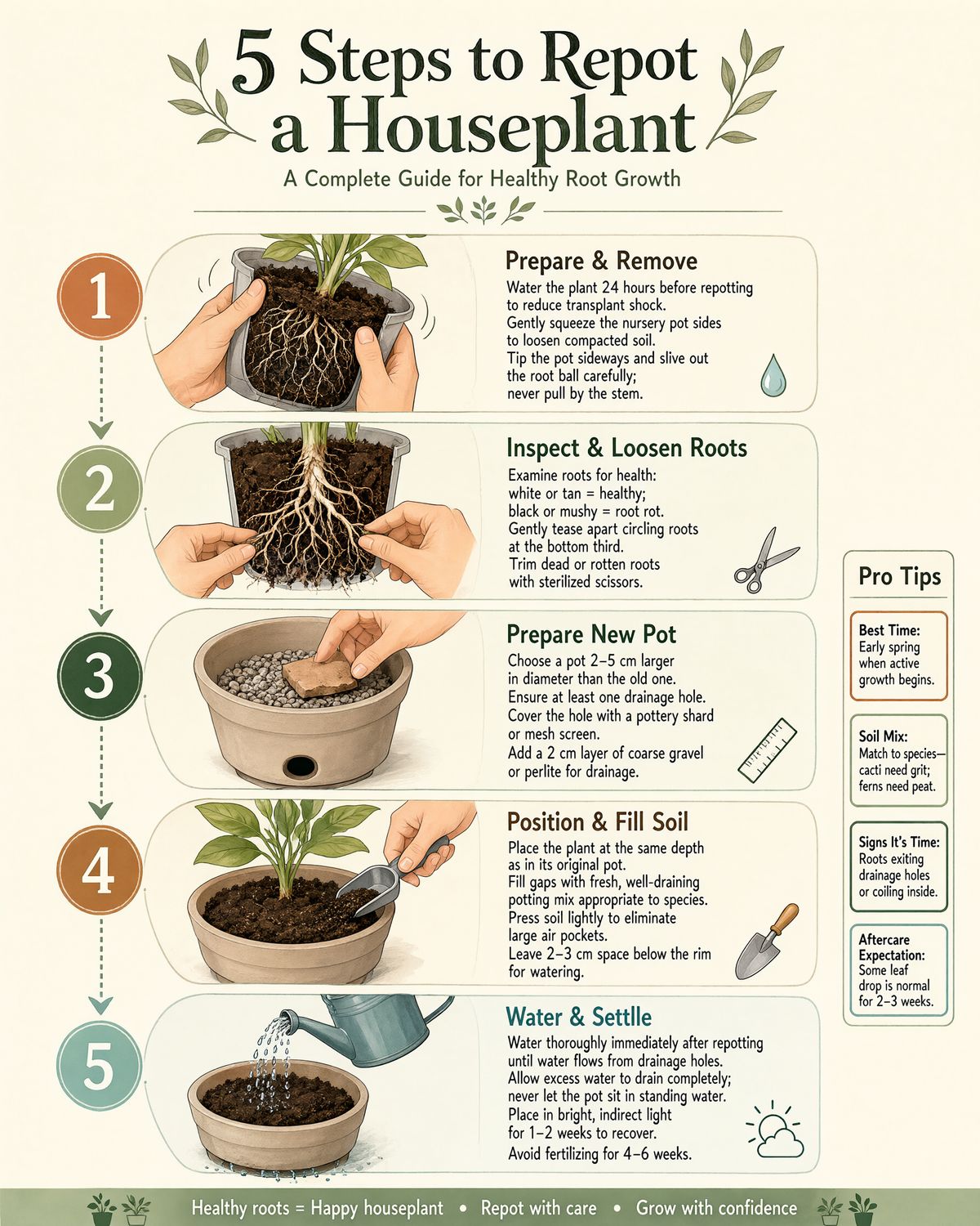 An infographic titled 5 Steps to Repot a Houseplant with five numbered illustrated steps from removing the plant to watering it, and a Pro Tips sidebar