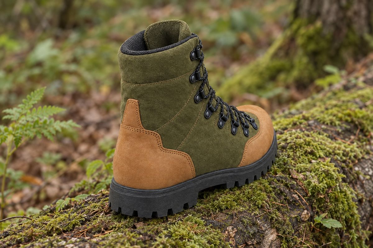 The same boot on the same mossy log seen from a rear three-quarter angle, its tan heel counter and the lug tread along the sole edge both visible