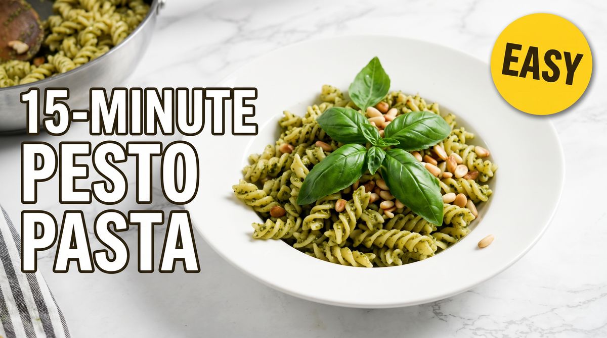A video thumbnail with a close view of a white bowl of pesto fusilli topped with pine nuts and basil on a marble counter, a steel pan and a striped towel at the edges of the frame, the title 15-MINUTE PESTO PASTA in heavy white capitals on the left, and a round yellow EASY badge in the top right corner