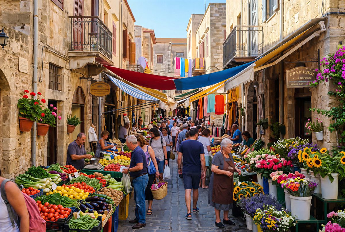 The same market photo cleaned up, with sharp produce, awnings, and stonework