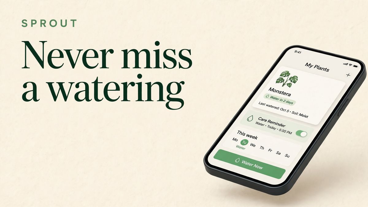 An app store feature graphic on a warm cream field with Never miss a watering in a tall dark green serif across the top left, SPROUT in small green capitals above it, and a tilted phone mockup showing a plant care app cropped by the bottom right corner