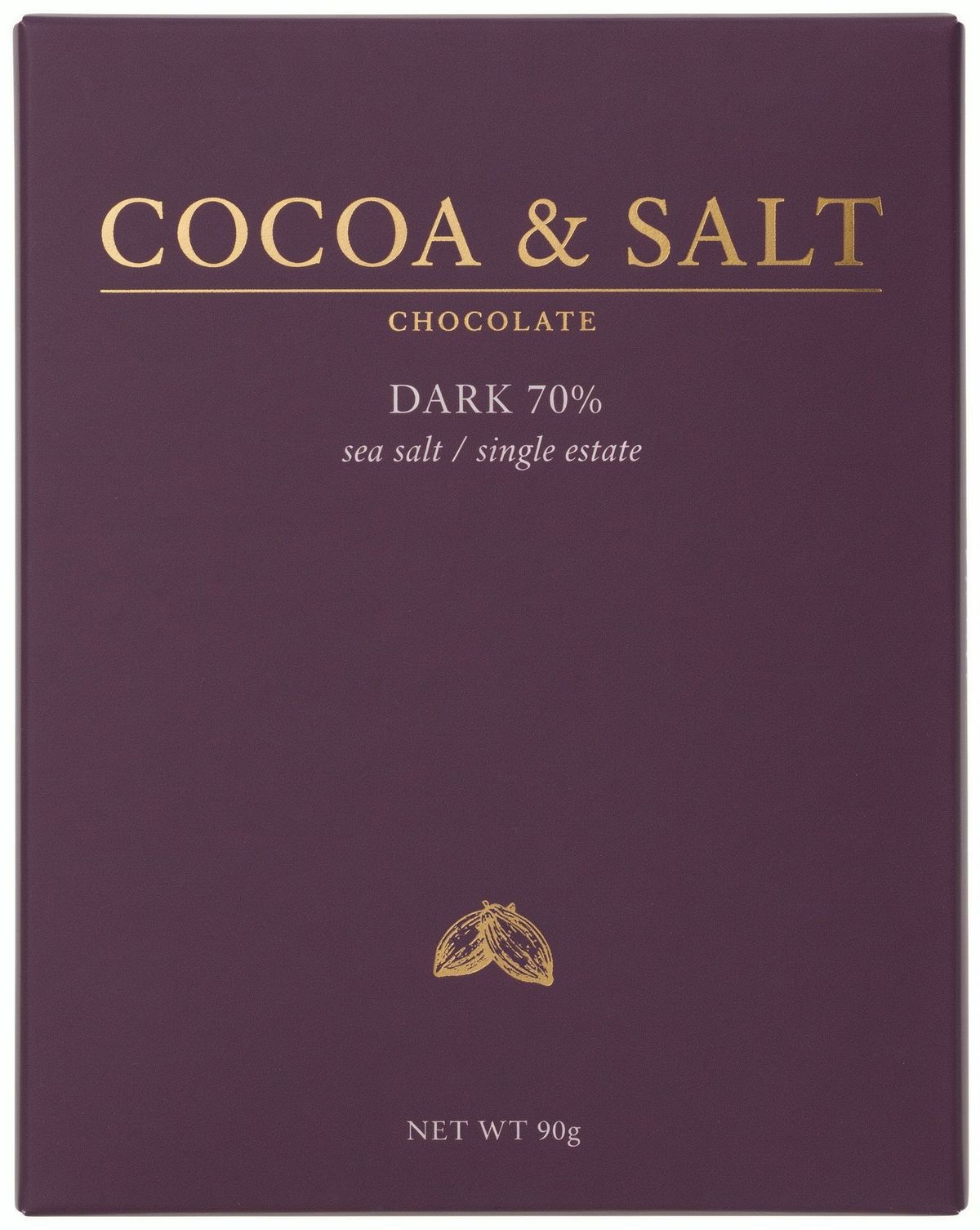 A deep-plum chocolate bar wrapper in gold foil type reading COCOA & SALT, DARK 70%, sea salt single estate, with a cacao pod illustration and NET WT 90g