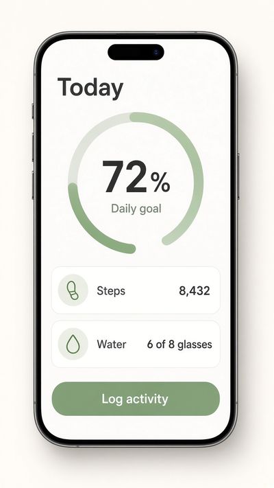 A fitness-tracker mobile app mockup with a Today heading, a progress ring showing 72% and Daily goal, rows reading Steps 8,432 and Water 6 of 8 glasses, and a Log activity button
