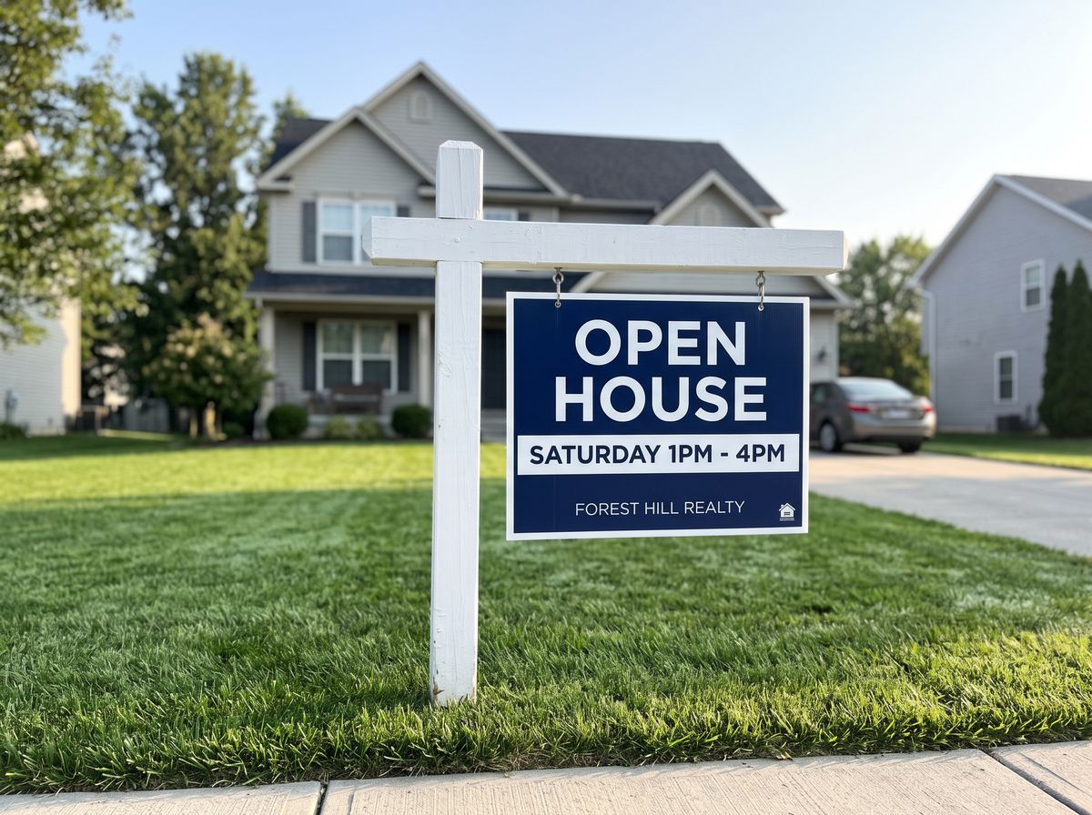 A navy real estate yard sign on a white post in front of a suburban house, reading OPEN HOUSE, SATURDAY 1PM - 4PM, and FOREST HILL REALTY